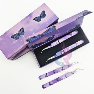 แหนบต่อขนตาพิมพ์รูปผีเสื้อสีม่วงทำจากสเตนเลสปลายโค้งแบบแยกกล่องออกแบบได้ตามต้องการ - Product Image 3