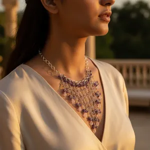 Women's Amethyst & Rose Quartz Waterfall <b>Necklace</b> <b>925</b> <b>Silver</b> Crystal <b>Necklace</b> - Product Image 3