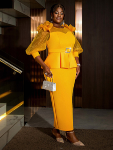 AM040939 Abito da Sera <span class=keywords><strong>Lungo</strong></span> <span class=keywords><strong>con</strong></span> Collo a O, Maniche a Lanterna in Tulle, Peplum e Cintura - Product Image 2