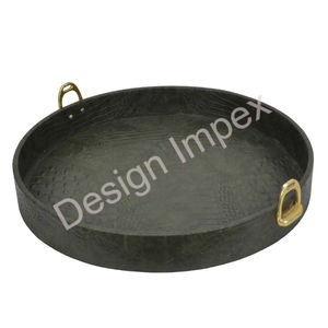 Bandeja ecuestre redonda recubierta de cuero Asas de estribo de caballo dorado Bandeja ecológica Bandejas decorativas de alto estándar para servir Ventas - Product Image 4