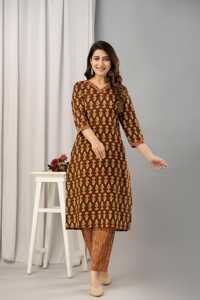 Conjunto de Kurta Estampada de Algodón Puro Marrón para Mujer con Pantalones, Estampado a Mano, Pantalón de Algodón Elegante con Traje de Algodón Puro - Product Image 6