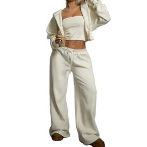 Ensemble streetwear pour femmes, sweat-shirt court d'hiver avec pantalon ample, 100% coton, épaules tombantes, ensemble 2 pièces - Product Image 1