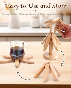 High Quality Eco-Friendly Set 4 Wooden <b>Trivets</b> 1 Stand Hot Dishes Square Natural Foldable Kitchen Coasters Stackable Carton - Product Image 6