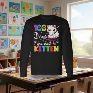 Maglietta a Maniche Lunghe '100 Giorni di Scuola: Devi Essere un Gattino' per il 100° Giorno di Scuola, Prodotto Promozionale - Product Image 3