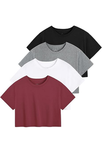 Hot Deal sur Custom Women's 100% Cotton Basic Tee Ras du cou Crop Top à manches courtes en noir et blanc uni - Product Image 6