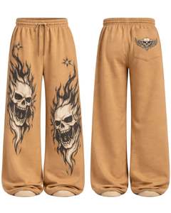 Pantalons de survêtement à jambes larges personnalisés avec imprimé flamme de chameau et crâne, style gothique surdimensionné, streetwear, pantalon de jogging en molleton, OEM ODM personnalisé - Product Image 6