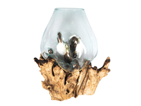 Bol en verre fondu avec bois flotté pour décoration intérieure, mini aquarium en verre fondu de forme naturelle