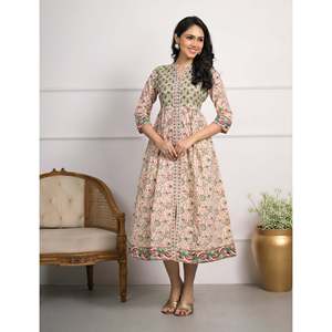 เดรสผ้าฝ้ายทรงเอไลน์พิมพ์ลายบล็อกสีเขียวครีม สไตล์ลำลองฮิปปี้ ดีไซน์สั่งทำได้ ไซส์ XS ระบายอากาศได้ดี เหมาะสำหรับใส่ไปเที่ยวคลับ - Product Image 1