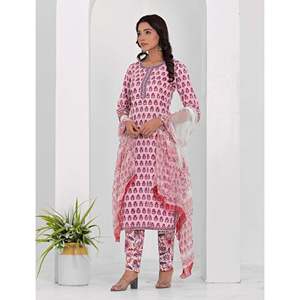 ชุดกางเกงคุรตะผ้าฝ้ายพิมพ์ลายบล็อกสีชมพู แขนสามส่วน สำหรับใส่ในชีวิตประจำวัน - Product Image 3