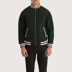 Pascal Vintage Green <b>Suede</b> Varsity <b>Jacket</b> Casual College Streetwear with Embroidered Pattern Cowhide <b>Leather</b> XS Size for Spring - Product Image 4