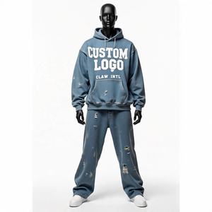 Chándal personalizado de fabricante, ropa de calle con diamantes de imitación, chándal de gran tamaño, holgado, recortado, lavado ácido, pantalones de chándal acampanados y conjunto de Sudadera con capucha - Product Image 4