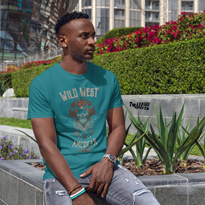 T-shirt à manches courtes pour hommes, coupe régulière, col rond, décontracté, imprimé crâne de cowboy américain du Far West - Product Image 1