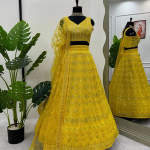 Nuevo diseñador de ropa de fiesta Faux Georgette hermoso hilo con Secuencia de bordado trabajo Lehenga y Choli con borde de encaje Dupatta - Product Image 1