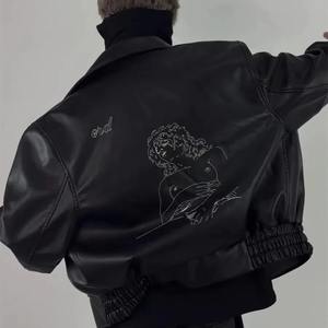 High Street ERD Graphic hommes en cuir véritable col rabattu toile imperméable veste à glissière noir manteau décontracté - Product Image 2