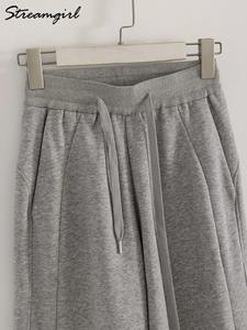 2025 femmes taille haute Baggy pantalons de survêtement gris jambe droite pantalon avec blanc cravate teinture Cargo Style automne tenue - Product Image 4