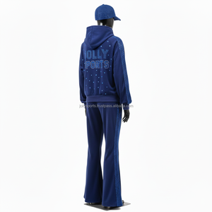 Women <b>Tracksuit</b> Premium Polyester <b>Velour</b> 280 GSM Navy Blue Panel Design Heat Press Rhinestone Custom Logo <b>Tracksuits</b> <b>Plus</b> <b>size</b> - Product Image 5