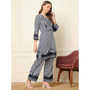 Conjuntos coordinados Deebaco para mujer, con rayas azules, cuello en V, manga tres cuartos, largo hasta el tobillo, estilo casual de verano, kurta con palazzo. - Product Image 5