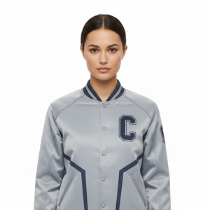 Chaqueta Bomber Casual de Satén para Mujer, con Bordado, Cierre de Botones Cubiertos, Tela de Poliéster, Mangas Raglán, Resistente al Viento, Estilo Universitario de Verano - Product Image 4