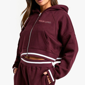 2025 recién llegado ligero 100% algodón Drop Shoulder Zip Up sudaderas con capucha de mujer Streetwear Crop Top Zip Up Custom Rib Hoodie - Product Image 4
