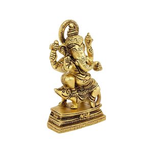 Ganesha en laiton doré de 4 pouces assis sur un rat Bhagwan Idol Décoration de la maison Statue artisanale en métal Ganpati Ganesh Bhagwan Statue - Product Image 3