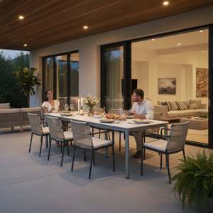 Table de salle à manger en dalle de pierre mate blanc neige et gris argenté pour intérieur/extérieur, table d'extérieur durable en métal aluminium - Product Image 1