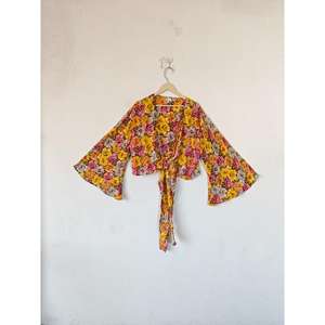 Free Size <b>Women's</b> Crop <b>Top</b> Vintage Floral Print Tie <b>Top</b> Bell Sleeve Casual <b>Silk</b> Wrap <b>for</b> Summer Party Most Trending Dot Pattern - Product Image 3