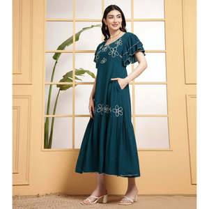 Deebaco Women's A-Line Teal Viscose Maxi <b>Dress</b> With White Floral Embroidery Ruffle Sleeves Scoop Neck Boho <b>Loose</b> Fit Summer - Product Image 3