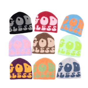 OEM ODM Su propio logotipo God Bless Knitted Your Own Pattern Skully Cuffless Custom Jacquard logo Beanie Hat - Product Image 2
