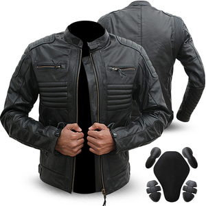 Veste de motard en cuir véritable noir pour homme, manches rembourrées, fermeture éclair sur le devant, veste en cuir de vache, veste noire pour homme - Product Image 1