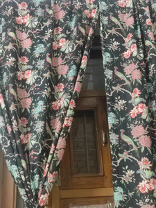 Élégant noir imprimé d'oiseaux floraux 100% rideaux en coton taille personnalisée prix de gros - Product Image 4