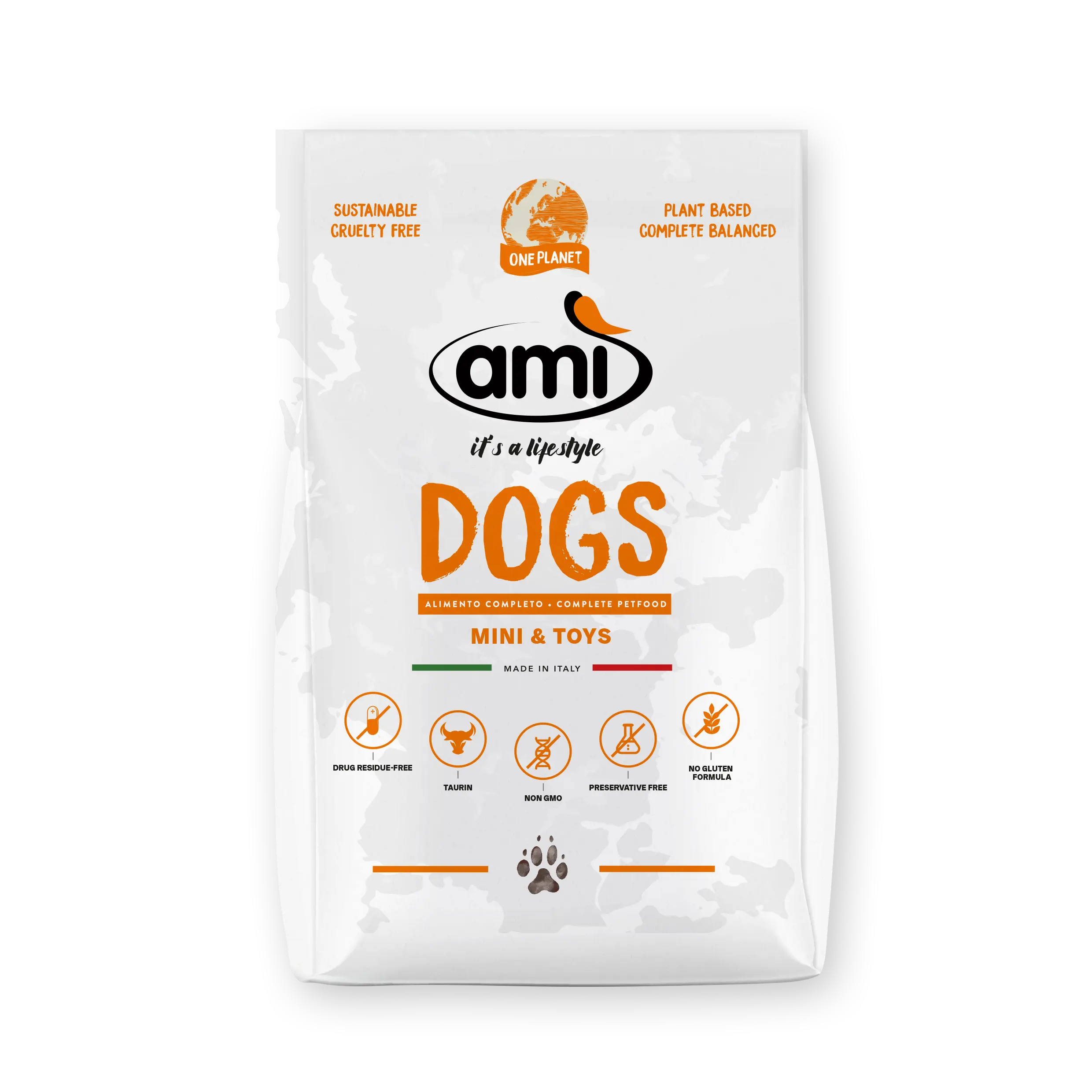 Ami Dog tanaman 100% makanan hewan peliharaan Super Premium berbasis kecil dan mainan keturunan, dibuat di Italia Ki untuk anjing 1 kg