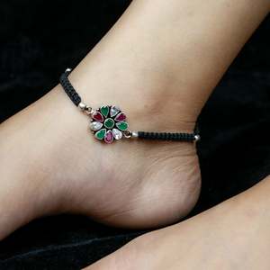 925 <b>Silver</b> <b>Anklet</b> Aasma Nazakat Custom Floral Bohemian Style with Ruby Emerald Zircon Inlay for Wedding or Gift for Girls - Product Image 3