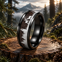 Cincin Pria JLM Premium Baja Anti Karat Hitam dengan Inlay Kayu & Rusa Perak, Gaya Rustic Hutan, untuk Pernikahan, Hadiah Ulang Tahun