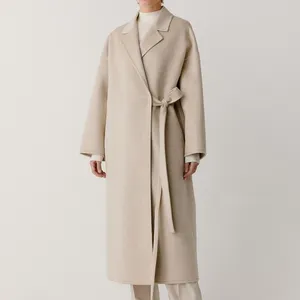 Haute qualité personnalisé simplicité classique fait à la main blanc longue ceinture pardessus nouveau extérieur femmes laine Trench Coat