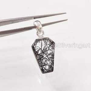 Colgante de Mujer con Piedra Preciosa de Rutilo Negro Natural en Forma de Ataúd, Joyería Hecha a Mano para Navidad, Colgante de Plata de Ley 925 - Product Image 6