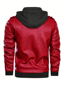 Veste en cuir PU à col montant pour hommes, mince et décontracté, avec capuche et fermeture à glissière, tissu léger de couleur assortie pour la saison hivernale et plus - Product Image 2