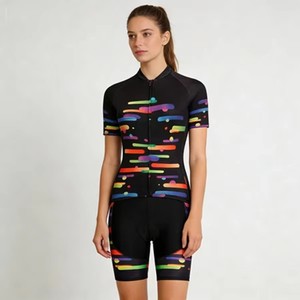 Quick Dry Short Sleeve Cycling Jersey Colorful Stripes Padded Women's Cycling Bib Shorts Set For Outdoor Road Bike Riding - Product Image 3