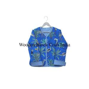 Indian Block Printed <b>Quilted</b> 100% Cotton Eco-Friendly Women's V-Neck Winter Beach Wear Belt Breathable Floral Decoration Jacket - Product Image 2