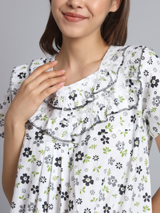 Camisón de encaje 100% algodón para mujer, manga media, largo completo, tela suave y transpirable, estampado floral en el cuello, para verano, otoño y primavera - Product Image 5