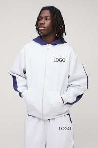 Ensemble survêtement gris surdimensionné à blocs de couleur avec fermeture éclair, pantalon de jogging à jambes larges et sweat-shirt court, survêtement à blocs de couleur personnalisé - Product Image 2