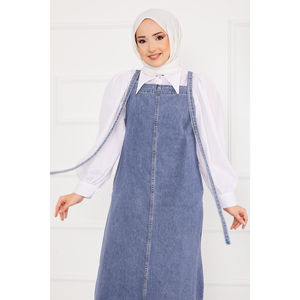 Robe salopette en jean bleu Y2K, silhouette droite, avec poche latérale et décoration boutonnée, style simple pour l'été - Product Image 2