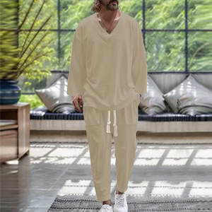 BOILEN HENG XIN <b>Men's</b> Cotton Fashion Casual Comfortable V-Neck Loose <b>Shirt</b> and Drawstring Pants Set <b>for</b> <b>Party</b> - Product Image 2