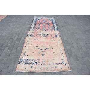 Alfombra Vintage, Alfombra Turca de 3.6x9.7 pies, Alfombra Azul con Puntos Rojos - Product Image 1