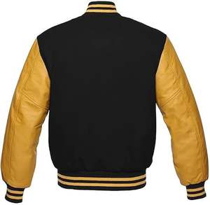 Veste universitaire légère en laine mélangée et manches en cuir véritable moutarde noire pour hommes Letterman Rib Knitting - Product Image 2