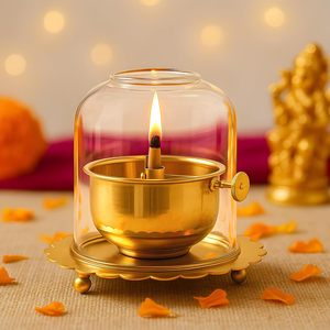 Brass and <b>Glass</b> akhand deep Diya with Cover <b>for</b> Puja | Deepam Jyot Diya Oil Lamp | Pooja Articles and Pooja Items <b>for</b> Home - Product Image 6