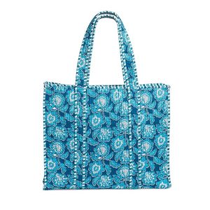 Blue Floral Handmade <b>Large</b> Quilted Cotton <b>Tote</b> <b>Bag</b> Vintage Eco-Friendly Zipper Customizable <b>for</b> Autumn Grocery Shopping <b>Travel</b> - Product Image 1