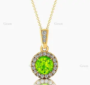 Natural Peridot Charm's Pendant In 14k Gold with Natural IGI Certified Diamond Handmade Round Peridot Charm's Pendant Necklaces