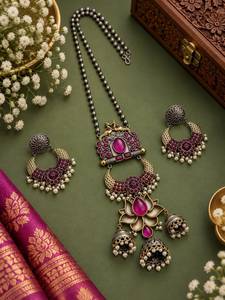 Ensemble de pendentifs à longue chaîne bicolore de qualité supérieure avec boucles d'oreilles assorties |   Ensemble de colliers élégants pour femmes |   Vêtements de fête et de soirée - Product Image 5