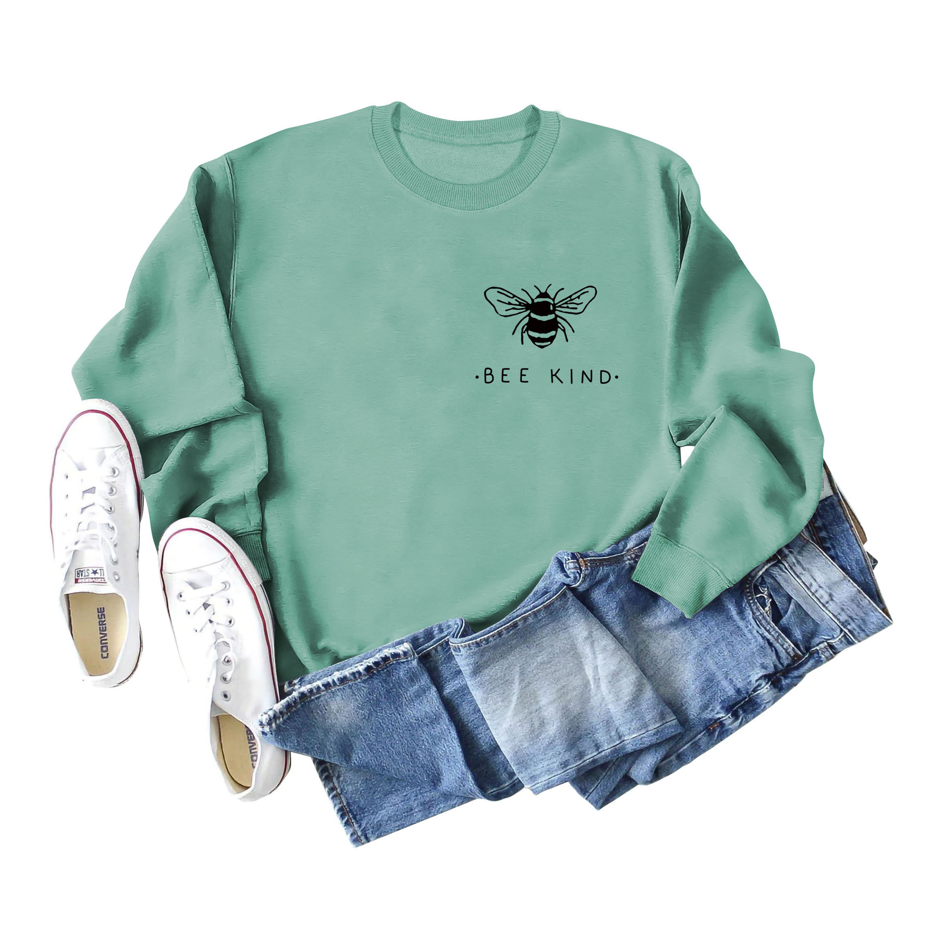 ight green sweatshirt (black font) printed on the chest