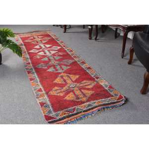 Alfombra Kilim roja y naranja de área grande, 2,6x8,9 pies, tejido plano, lana turca con respaldo de látex para pasillo, habitación, pila de felpa rectangular - Product Image 1